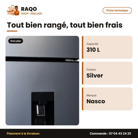 Réfrigérateur Nasco – 310L – 2 Portes – Silver | NASF2-310WD-FL