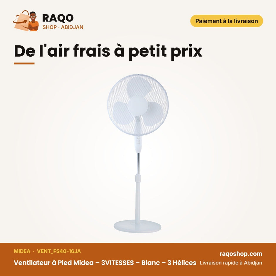 Ventilateur à Pied Midea – 3VITESSES – Blanc – 3 Hélices | VENT_FS40-16JA