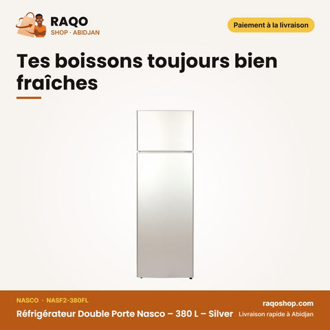 Réfrigérateur Double Porte Nasco – 380 L – Silver – Economie D'energie | NASF2-380FL