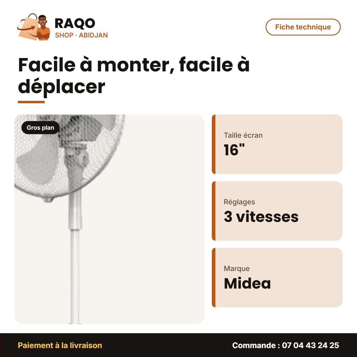 Ventilateur à Pied Midea – 16'' – 3 Vitesses – 3 Hélices | FS40-21M