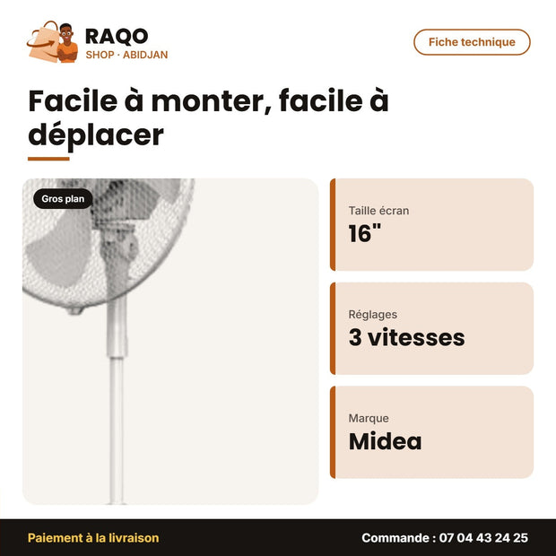 Ventilateur à Pied Midea – 16'' – 3 Vitesses – 3 Hélices | FS40-21M