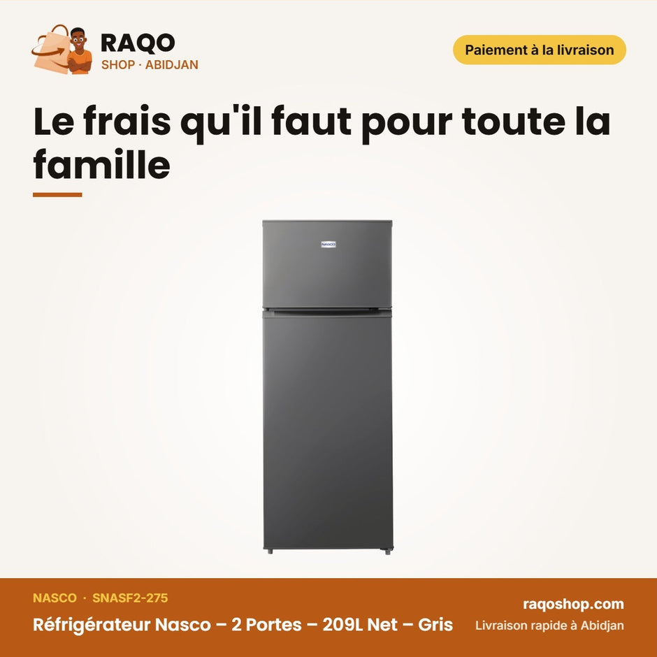 Réfrigérateur Nasco – 2 Portes – 209L Net – Gris | SNASF2-275