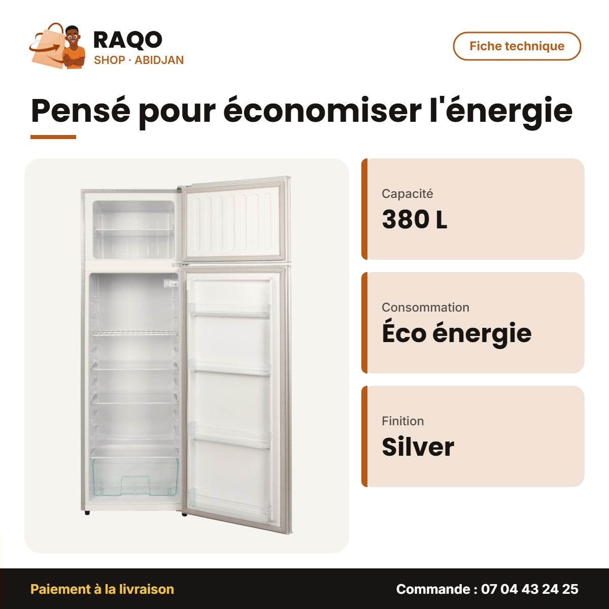 Réfrigérateur Double Porte Nasco – 380 L – Silver – Economie D'energie | NASF2-380FL