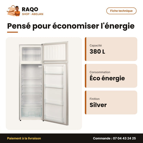 Réfrigérateur Double Porte Nasco – 380 L – Silver – Economie D'energie | NASF2-380FL