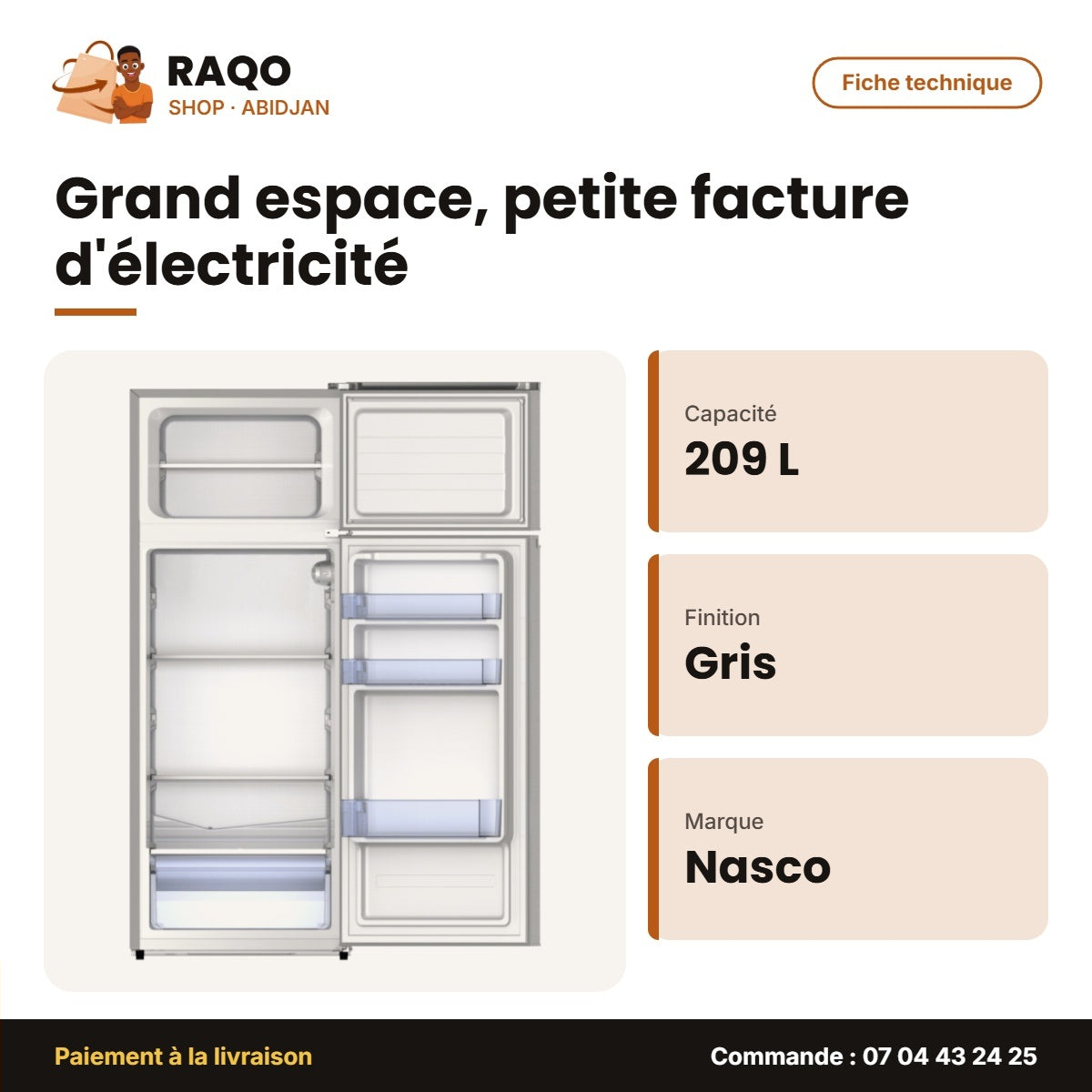 Réfrigérateur Nasco – 2 Portes – 209L Net – Gris | SNASF2-275
