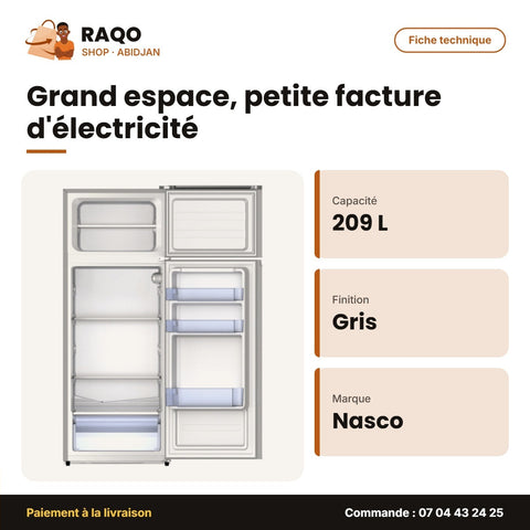 Réfrigérateur Nasco – 2 Portes – 209L Net – Gris | SNASF2-275