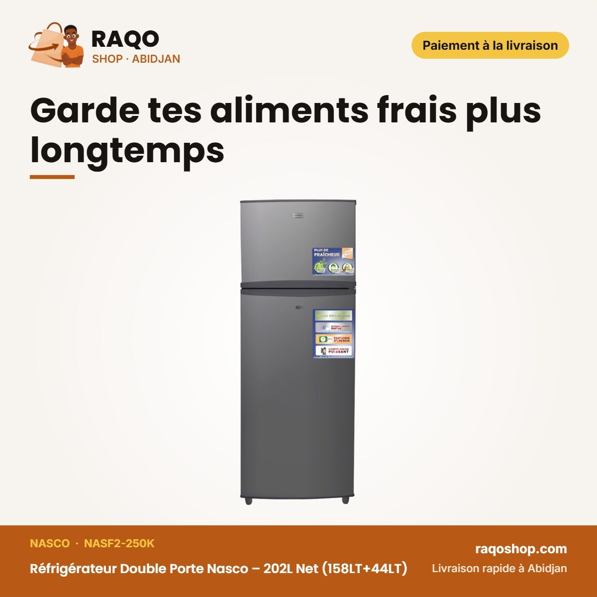 Réfrigérateur Double Porte Nasco – 202L Net (158LT+44LT) – Avec Clé – Silver | NASF2-250K
