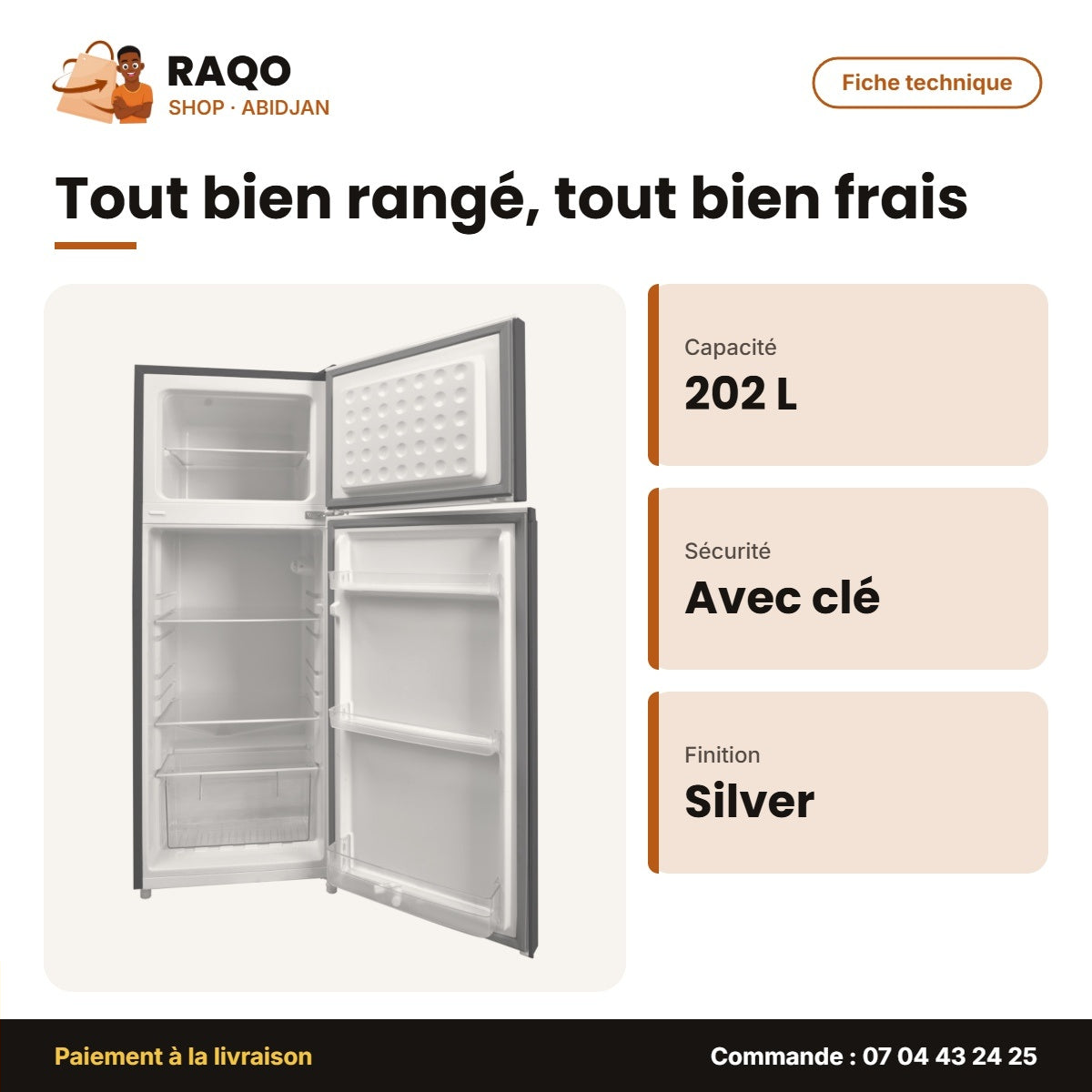 Réfrigérateur Double Porte Nasco – 202L Net (158LT+44LT) – Avec Clé – Silver | NASF2-250K
