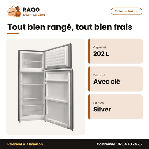Réfrigérateur Double Porte Nasco – 202L Net (158LT+44LT) – Avec Clé – Silver | NASF2-250K