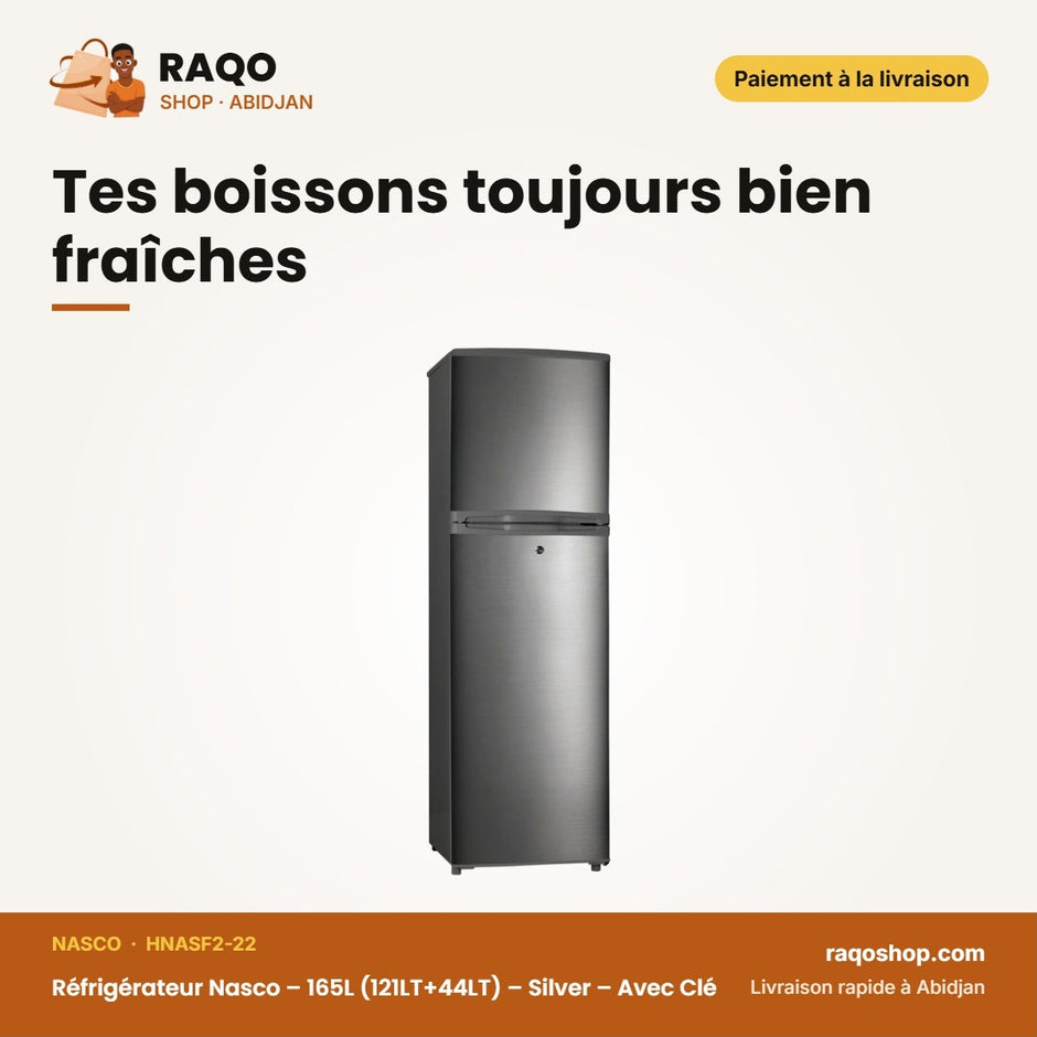 Réfrigérateur Nasco – 165L (121LT+44LT) – Silver – Avec Clé | HNASF2-22