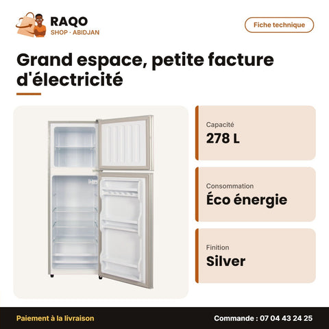 Réfrigérateur Double Porte Nasco – 278 L – Silver – Economie D'energie | NASF2-278FL