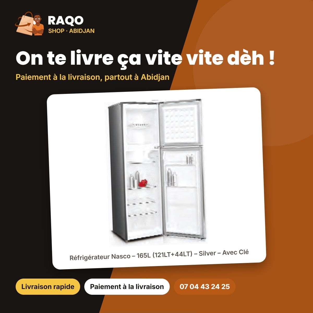 Réfrigérateur Nasco – 165L (121LT+44LT) – Silver – Avec Clé | HNASF2-22
