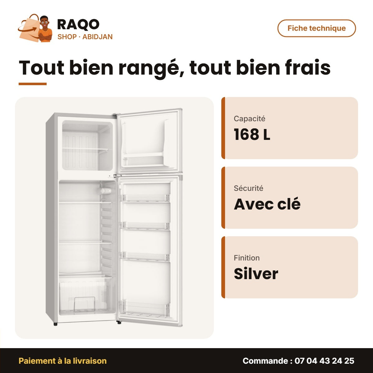 Réfrigérateur 2 Portes Nasco 168L – Silver – Avec Clé – Condenseur Externe | KNASF2-340S