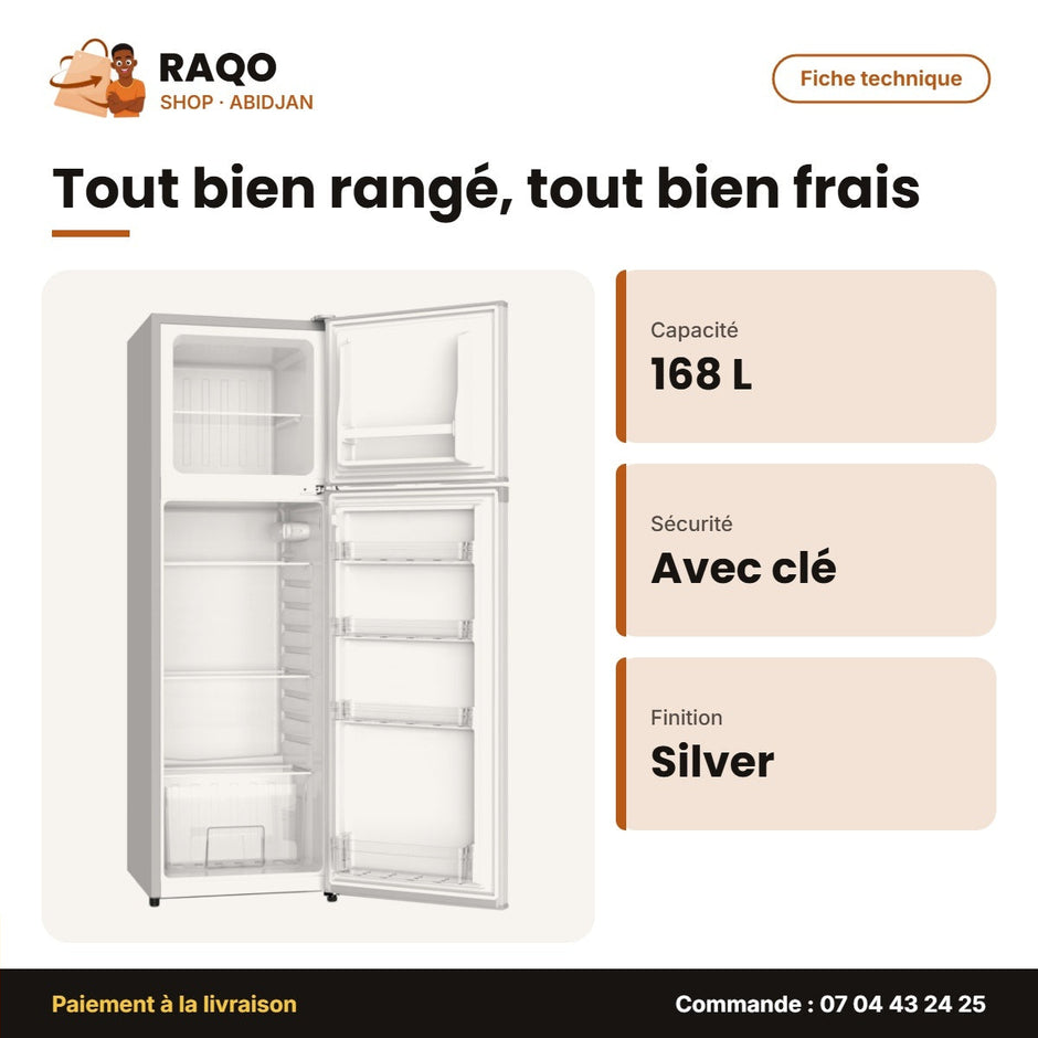 Réfrigérateur 2 Portes Nasco 168L – Silver – Avec Clé – Condenseur Externe | KNASF2-340S