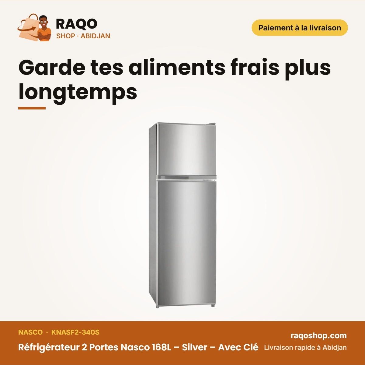 Réfrigérateur 2 Portes Nasco 168L – Silver – Avec Clé – Condenseur Externe | KNASF2-340S