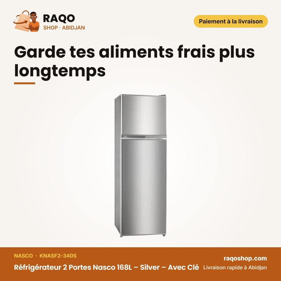 Réfrigérateur 2 Portes Nasco 168L – Silver – Avec Clé – Condenseur Externe | KNASF2-340S