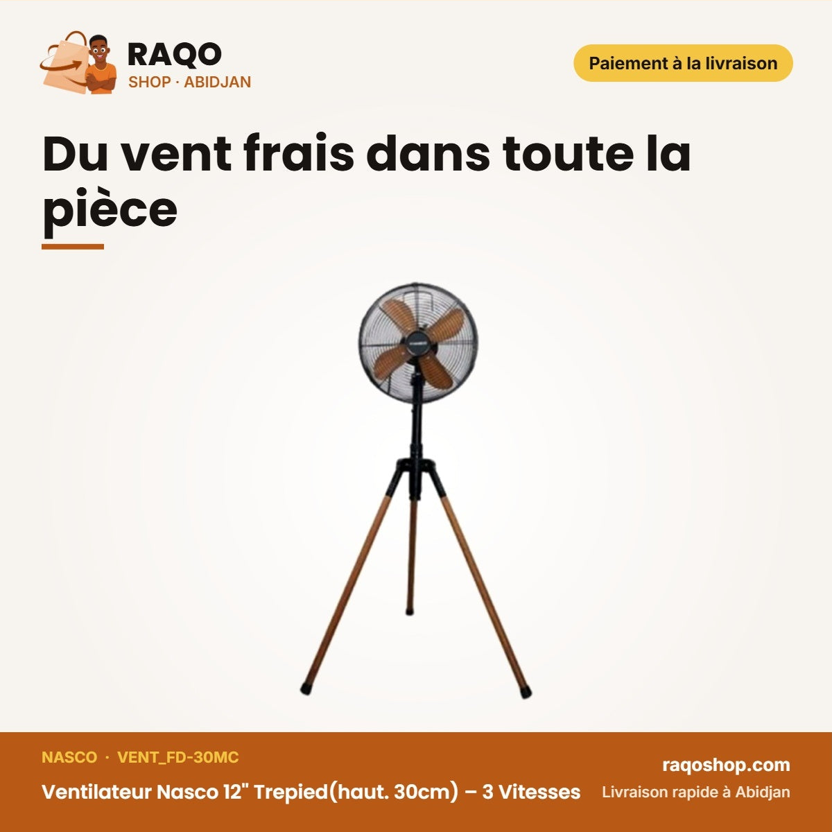 Ventilateur Nasco 12'' Trepied(haut. 30cm) – 3 Vitesses – 4 Hélices | VENT_FD-30MC
