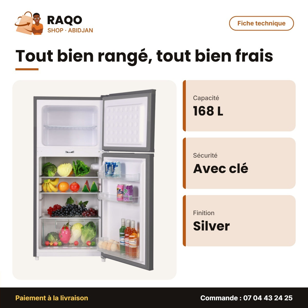 Réfrigérateur Double Porte Nasco – 168L Net (120LT+48LT) – Avec Clé – Silver | NASF2-200K