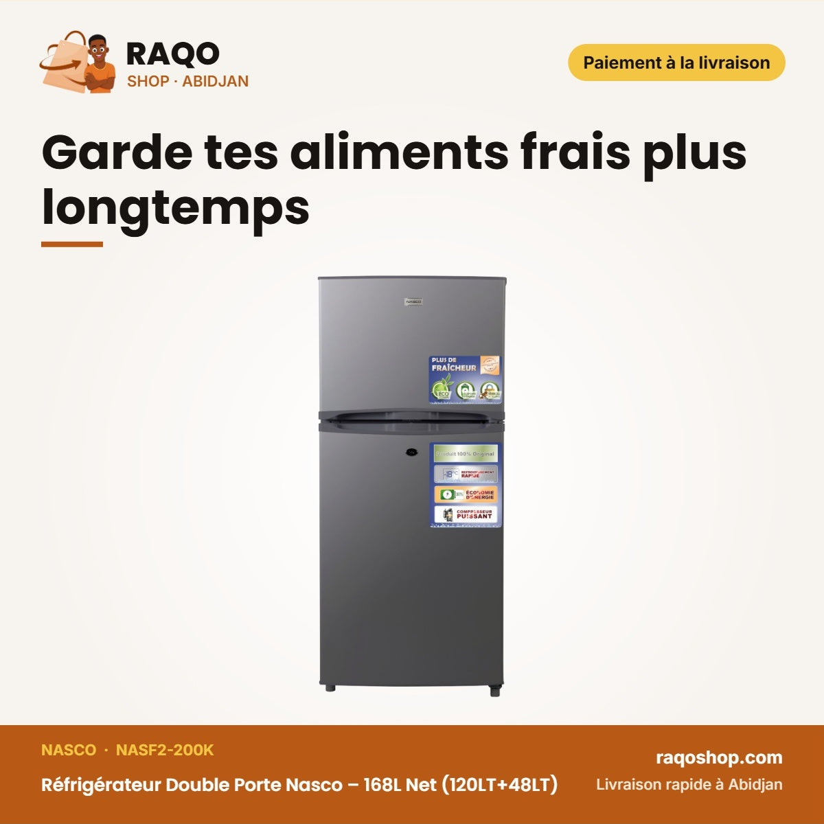 Réfrigérateur Double Porte Nasco – 168L Net (120LT+48LT) – Avec Clé – Silver | NASF2-200K
