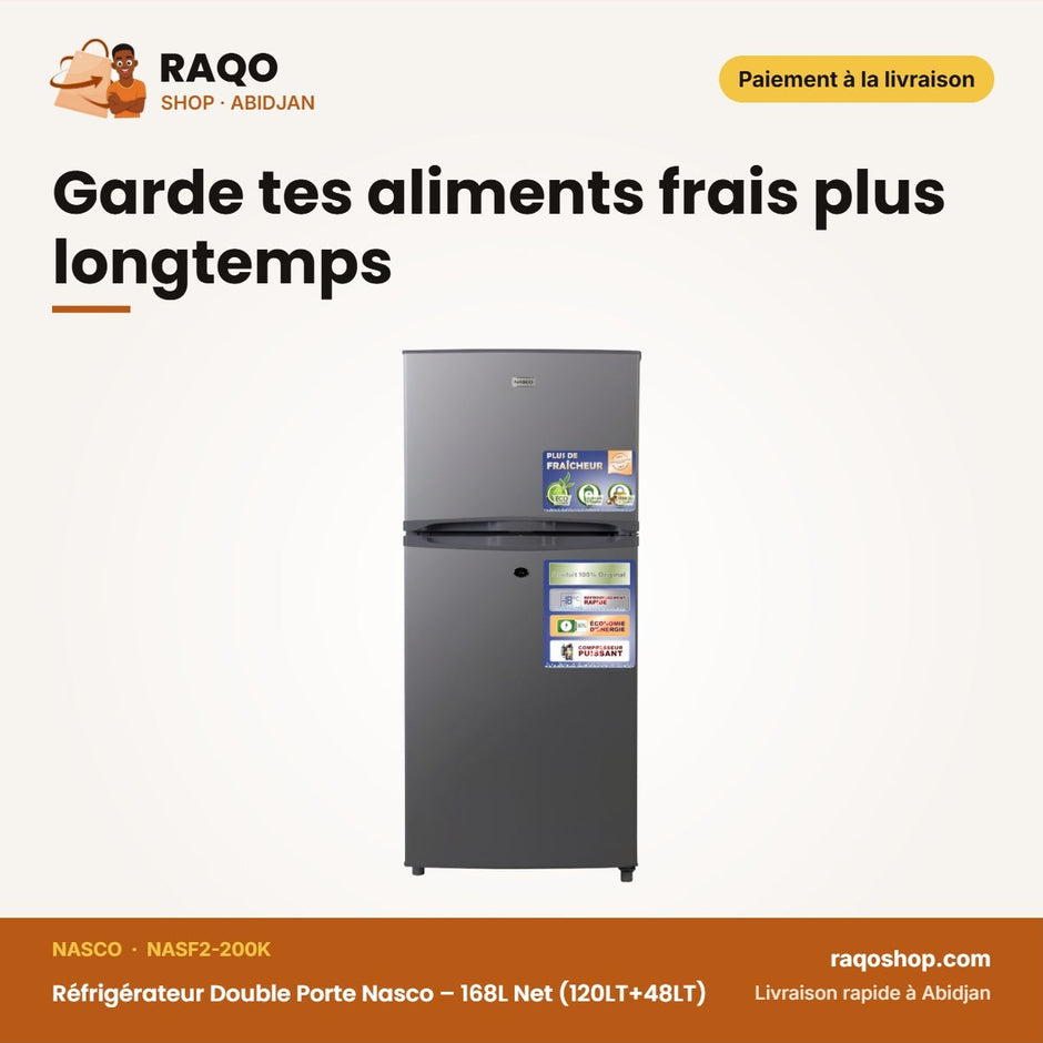 Réfrigérateur Double Porte Nasco – 168L Net (120LT+48LT) – Avec Clé – Silver | NASF2-200K