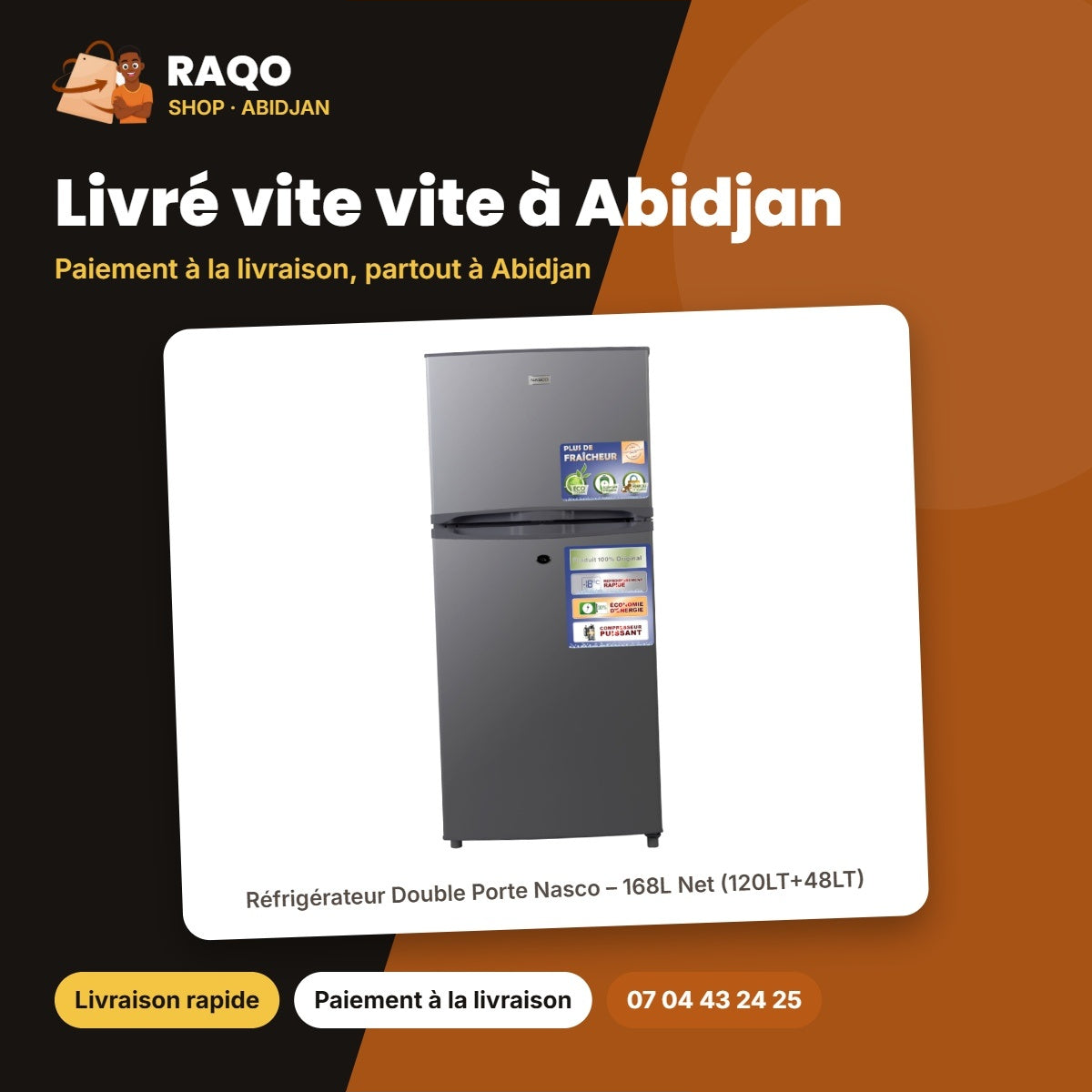 Réfrigérateur Double Porte Nasco – 168L Net (120LT+48LT) – Avec Clé – Silver | NASF2-200K