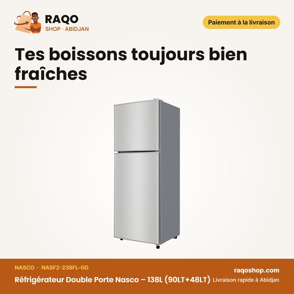 Réfrigérateur Double Porte Nasco – 138L (90LT+48LT) – Miroir-Noir | NASF2-238FL-GD