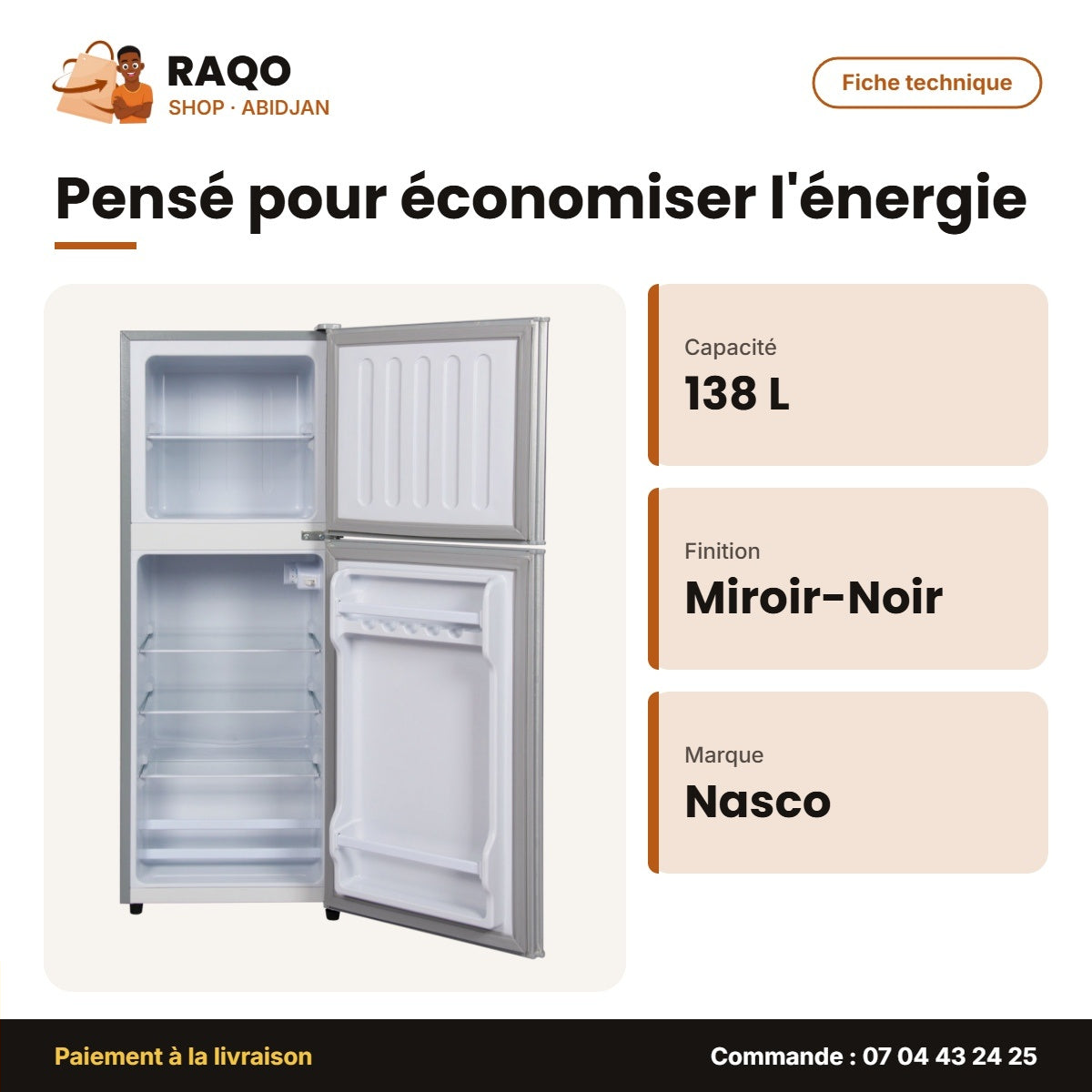 Réfrigérateur Double Porte Nasco – 138L (90LT+48LT) – Miroir-Noir | NASF2-238FL-GD