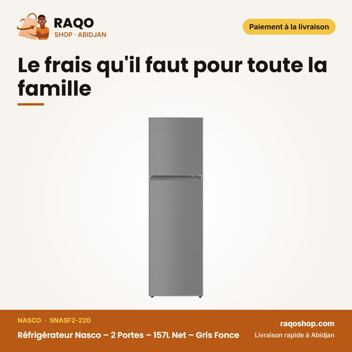 Réfrigérateur Nasco – 2 Portes – 157L Net – Gris Fonce | SNASF2-220