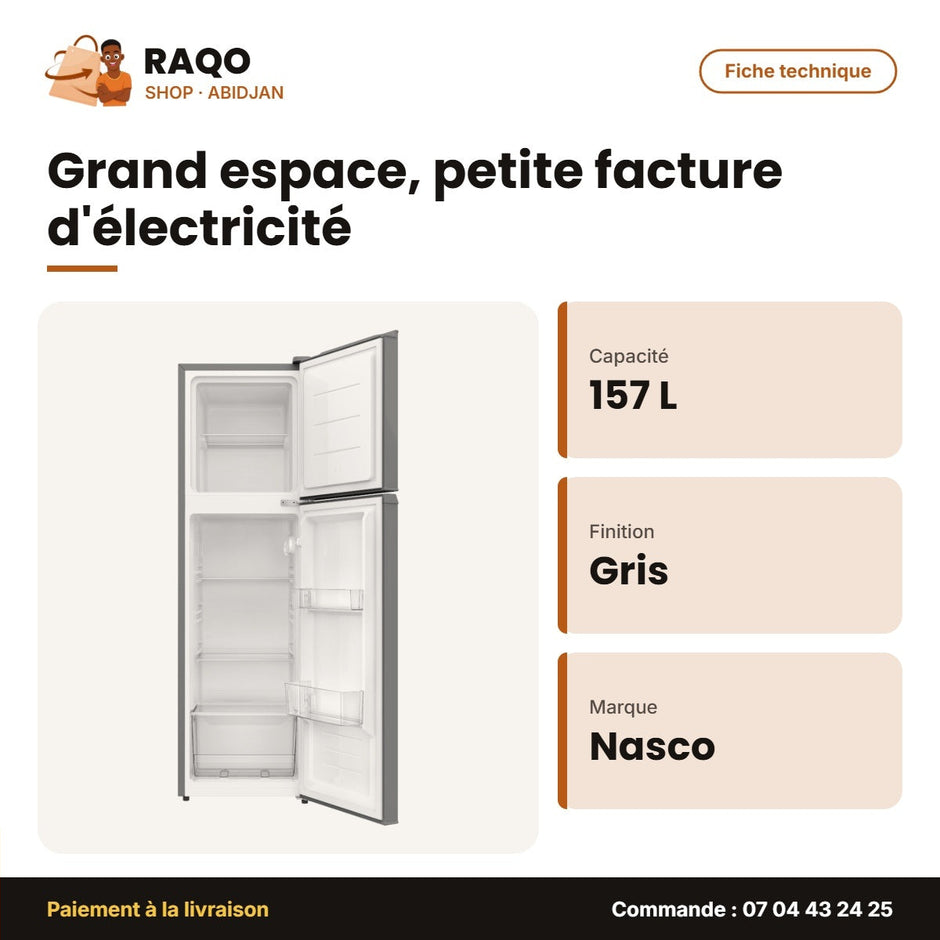 Réfrigérateur Nasco – 2 Portes – 157L Net – Gris Fonce | SNASF2-220
