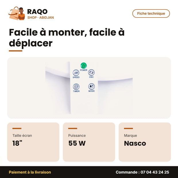 Ventilateur à Pied Nasco 18'' – Avec Télécommande – 55W – 5 Hélices | FS45-93R