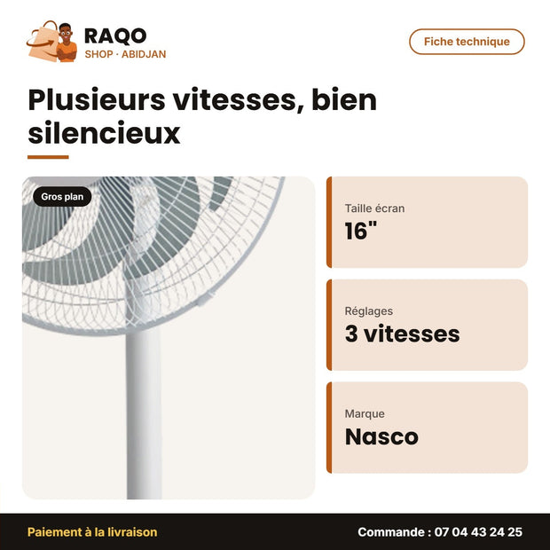 Ventilateur à Pied Nasco 16" – 400mm – 3 Vitesses – 9 Hélices | LF-SF1608