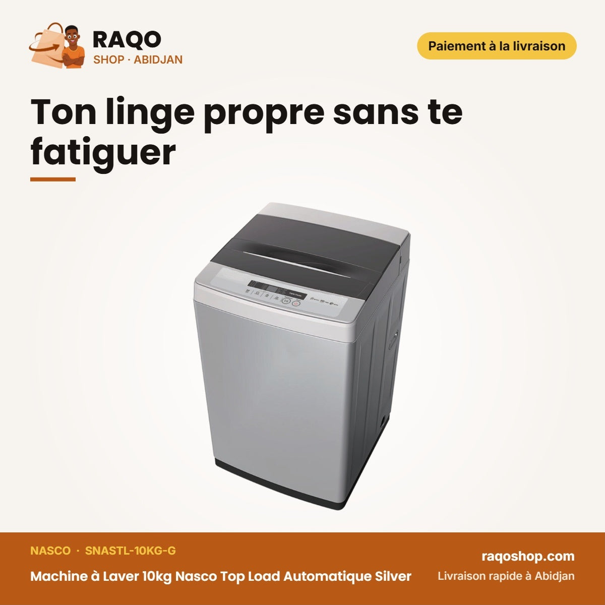 Machine à Laver 10kg Nasco Top Load Automatique Silver – Affichage Numerique | SNASTL-10KG-G