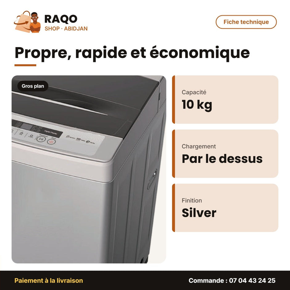Machine à Laver 10kg Nasco Top Load Automatique Silver – Affichage Numerique | SNASTL-10KG-G