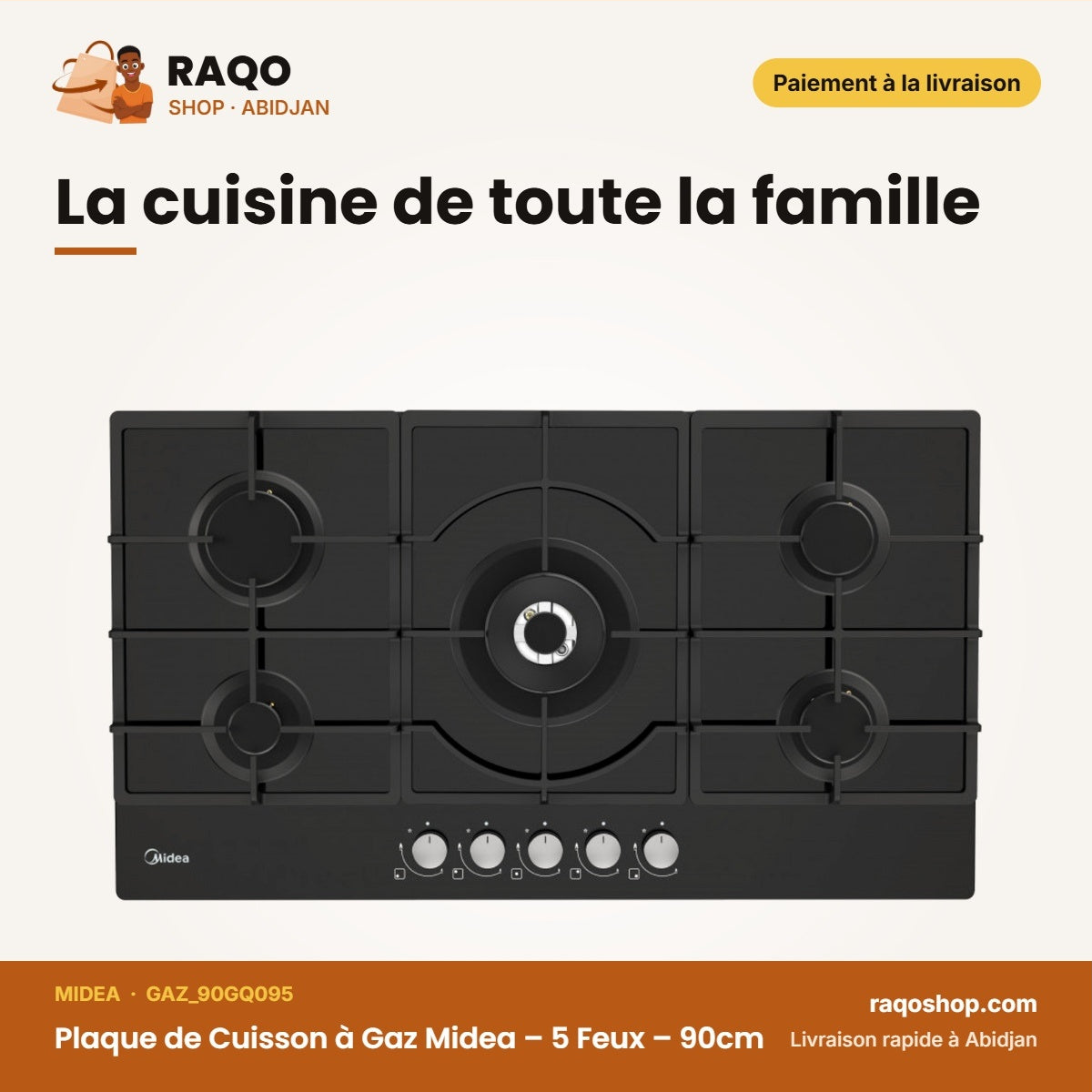 Plaque de Cuisson à Gaz Midea – 5 Feux – 90cm – Allumage Électrique | GAZ_90GQ095