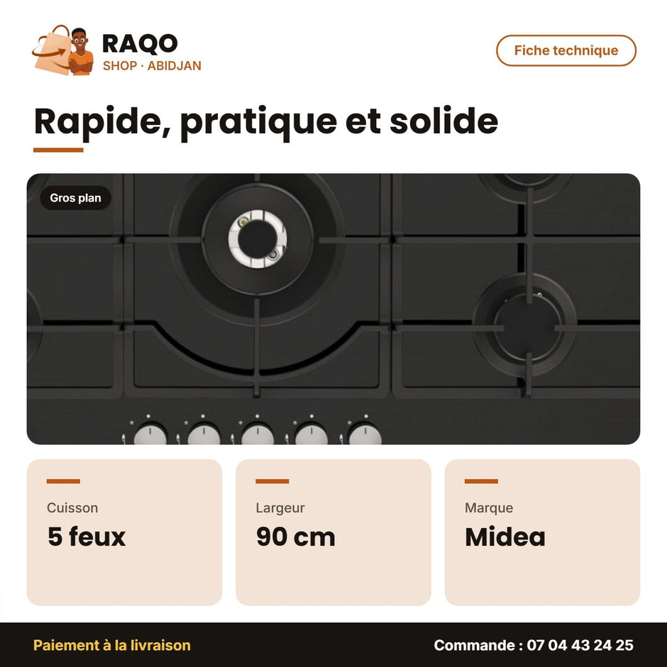 Plaque de Cuisson à Gaz Midea – 5 Feux – 90cm – Allumage Électrique | GAZ_90GQ095