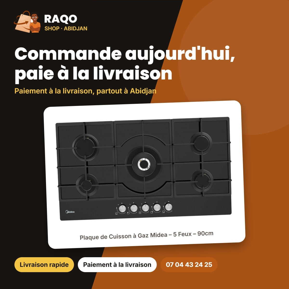Plaque de Cuisson à Gaz Midea – 5 Feux – 90cm – Allumage Électrique | GAZ_90GQ095