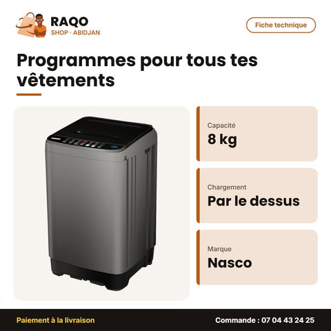 Machine à Laver Nasco – Automatique – 8kg – Top Load | NASTL-B80