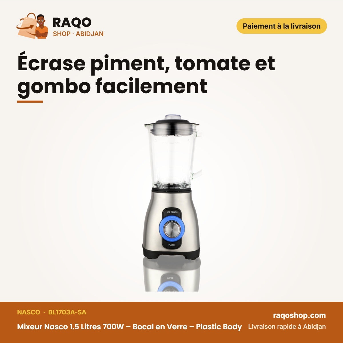 Mixeur Nasco 1.5 Litres 700W – Bocal en Verre – Plastic Body – 5 Vitesses | BL1703A-SA