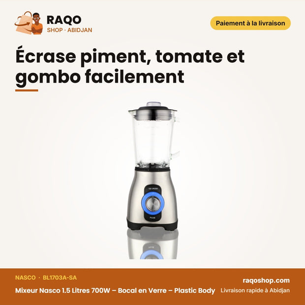 Mixeur Nasco 1.5 Litres 700W – Bocal en Verre – Plastic Body – 5 Vitesses | BL1703A-SA