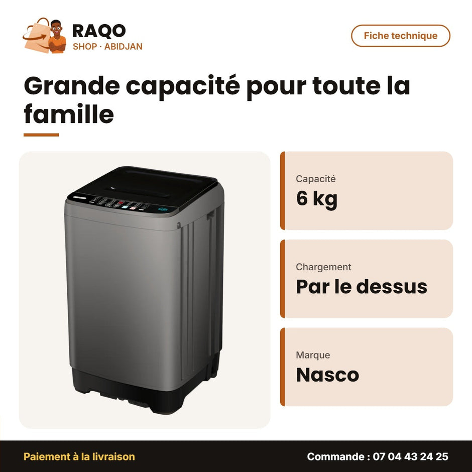 Machine à Laver Nasco – Automatique – 6kg – Top Load | NASTL-B60