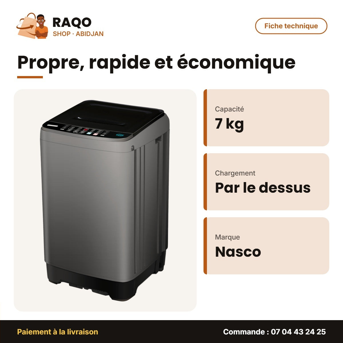 Machine à Laver Nasco – Automatique – 7kg – Top Load | NASTL-B70