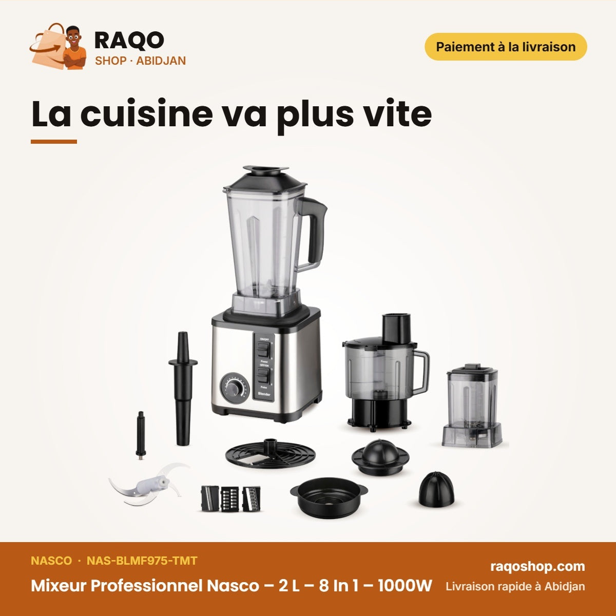 Mixeur Professionnel Nasco – 2 L – 8 In 1 – 1000W | NAS-BLMF975-TMT