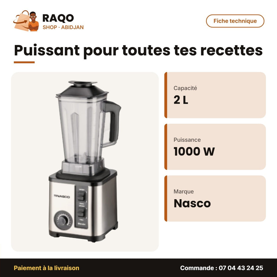 Mixeur Professionnel Nasco – 2 L – 8 In 1 – 1000W | NAS-BLMF975-TMT