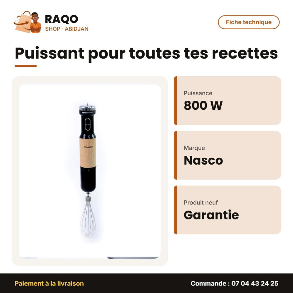 Mixeur à Main Nasco 800W 700ML Plast Body – 2VIT. – Kit D'accessoir 8P | MIXER_HB6020KD-CE