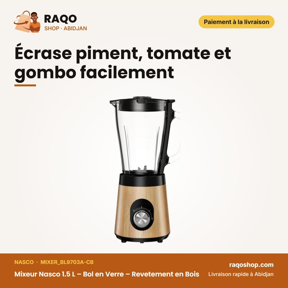 Mixeur Nasco 1.5 L – Bol en Verre – Revetement en Bois – 500W | MIXER_BL9703A-CB