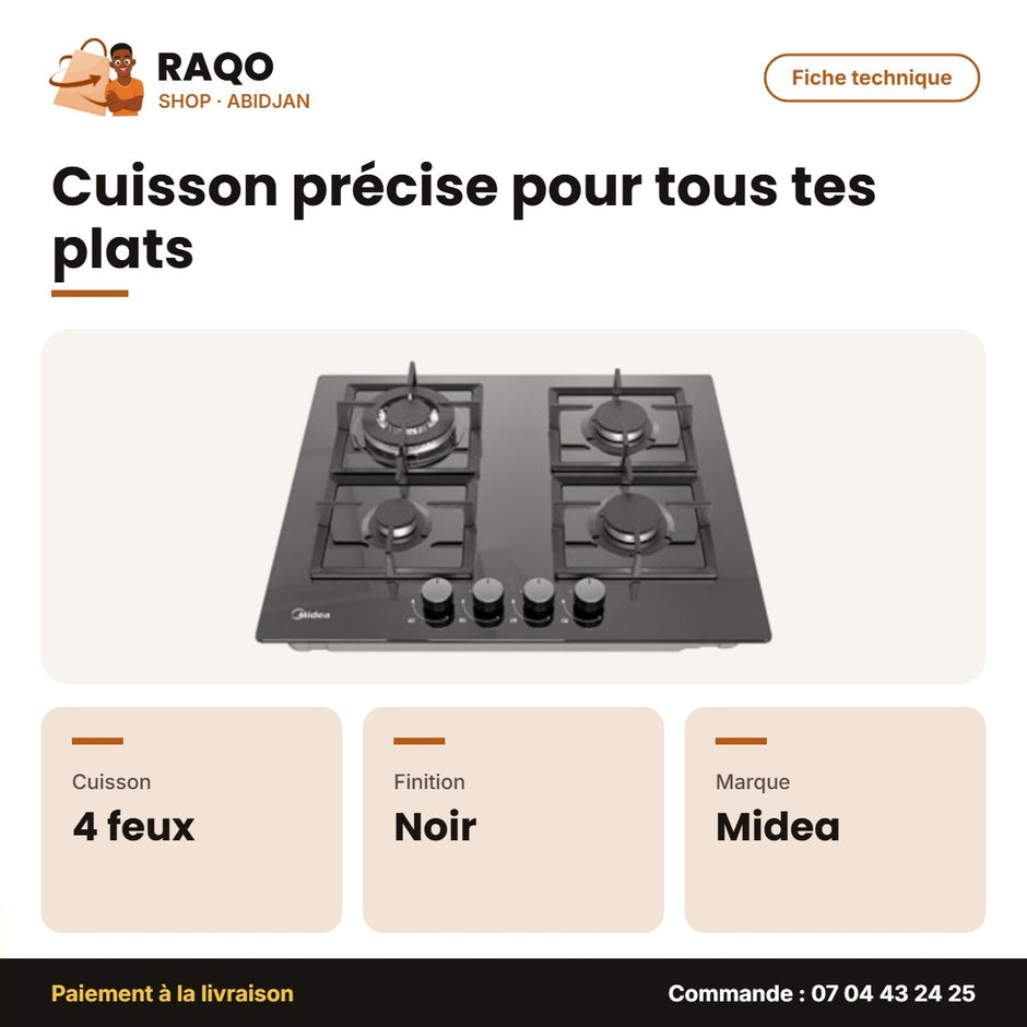 Plaque de Cuisson à Gaz Midea – 4 F – Allumage Électrique – Verre Noir | GAZ_60G40ME007-GFT