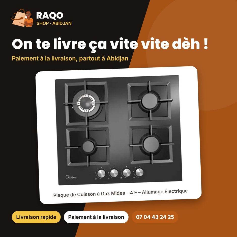Plaque de Cuisson à Gaz Midea – 4 F – Allumage Électrique – Verre Noir | GAZ_60G40ME007-GFT