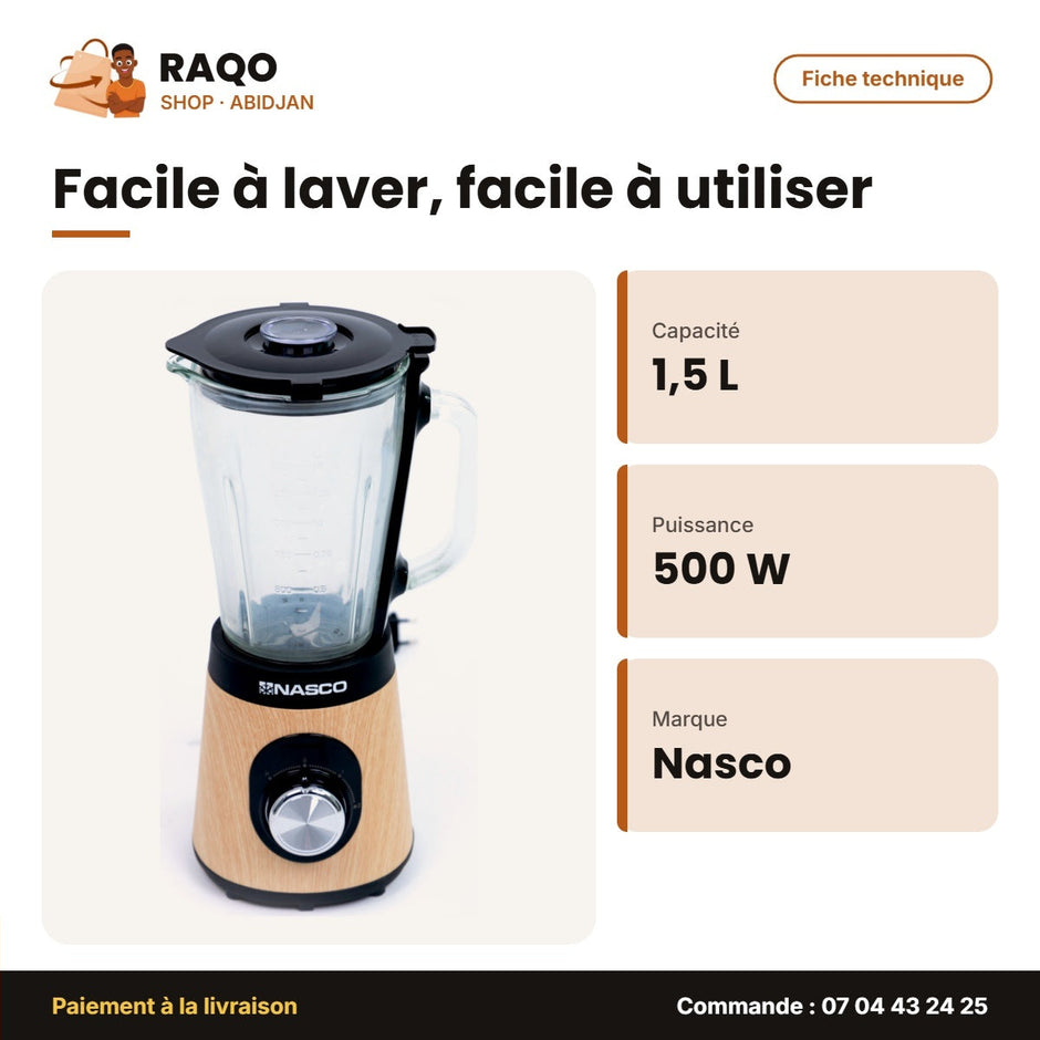 Mixeur Nasco 1.5 L – Bol en Verre – Revetement en Bois – 500W | MIXER_BL9703A-CB