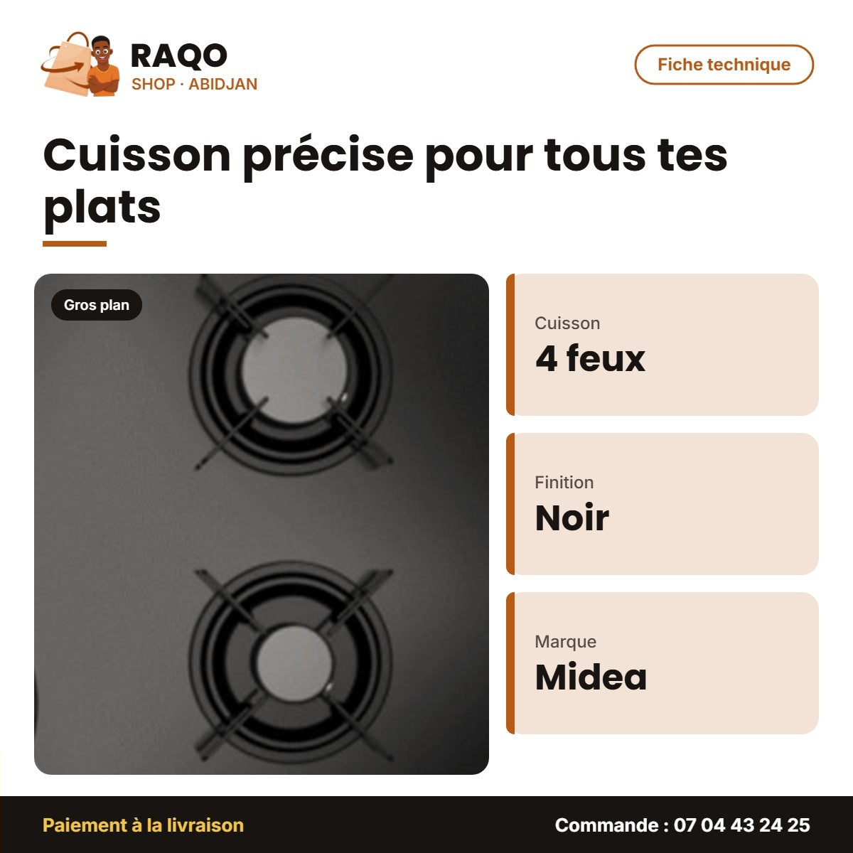 Plaque de Cuisson à Gaz Midea – 4 F – Allumage Électrique – Verre Noir | GAZ_60G40ME402-GFT