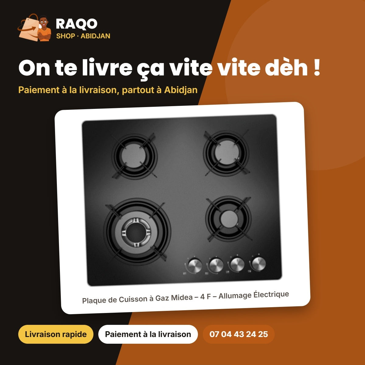 Plaque de Cuisson à Gaz Midea – 4 F – Allumage Électrique – Verre Noir | GAZ_60G40ME402-GFT